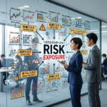 Risk exposure diagram showing market, credit, operational, legal, social, and reputation risks with business professionals.