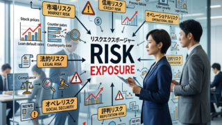 Risk exposure diagram showing market, credit, operational, legal, social, and reputation risks with business professionals.